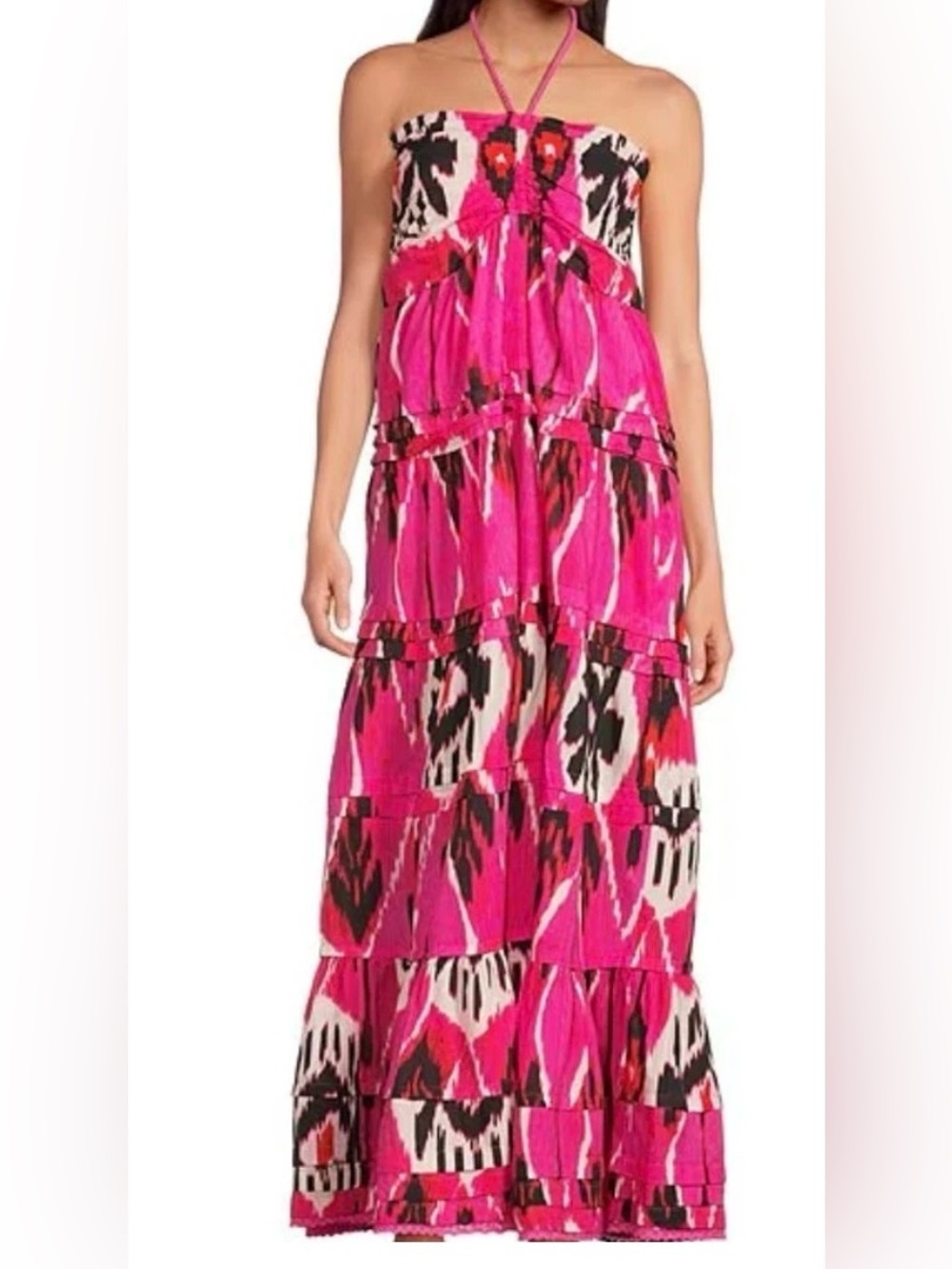 Ro's Garden Denise Halter Tie Gathered Tiered Maxi Dress in Pink Size Small NWT